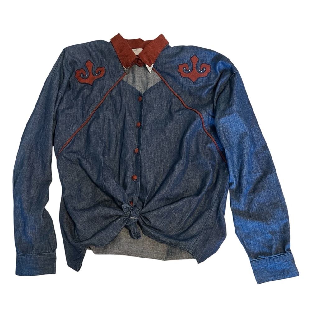 Vintage Lilia Smitty Western Denim Shirt Medium Snap Button-Up Rust Trim Cowboy